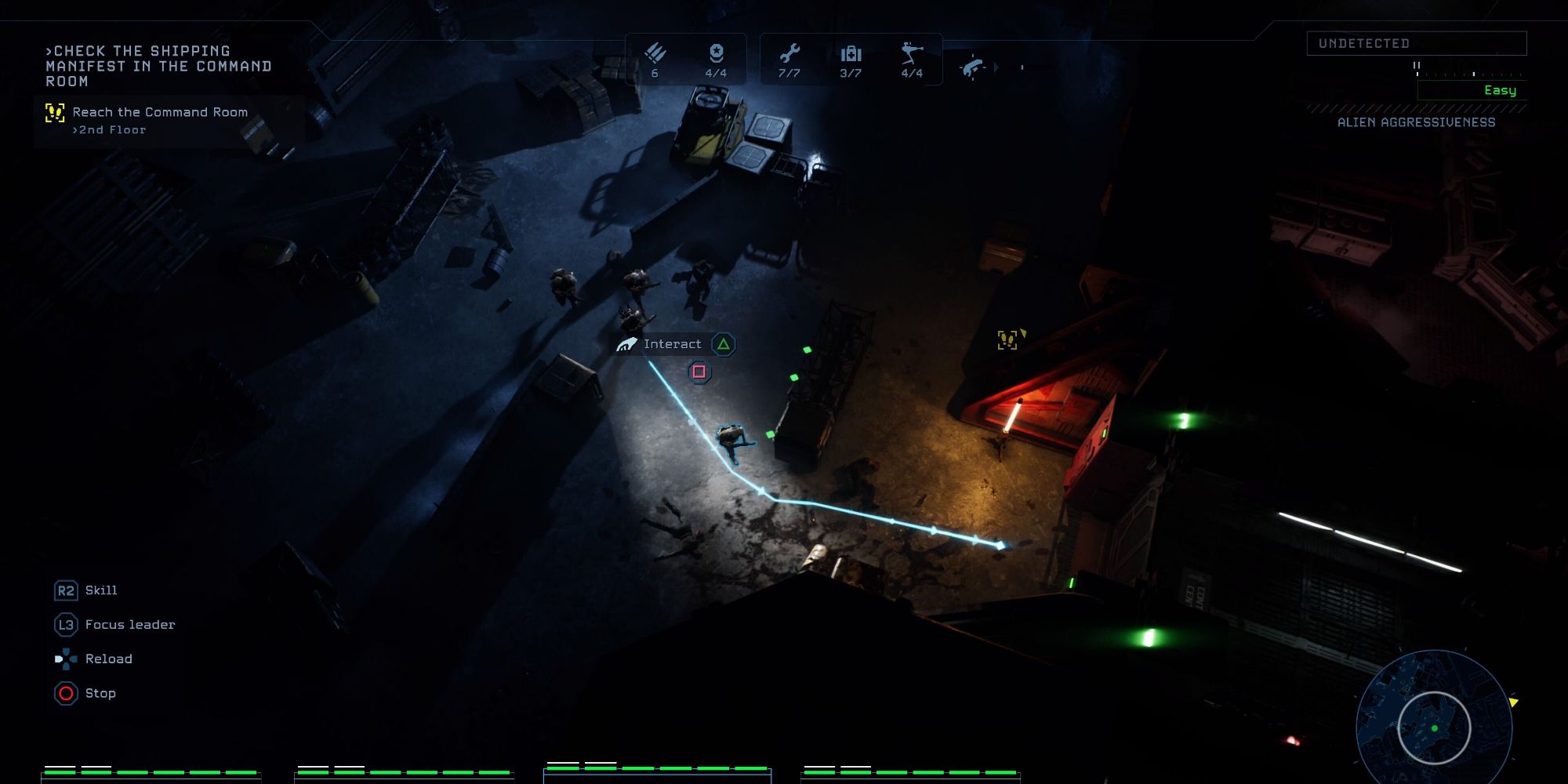 A screenshot from the Aliens: Dark Descent game, showing the marine characters moving into a building