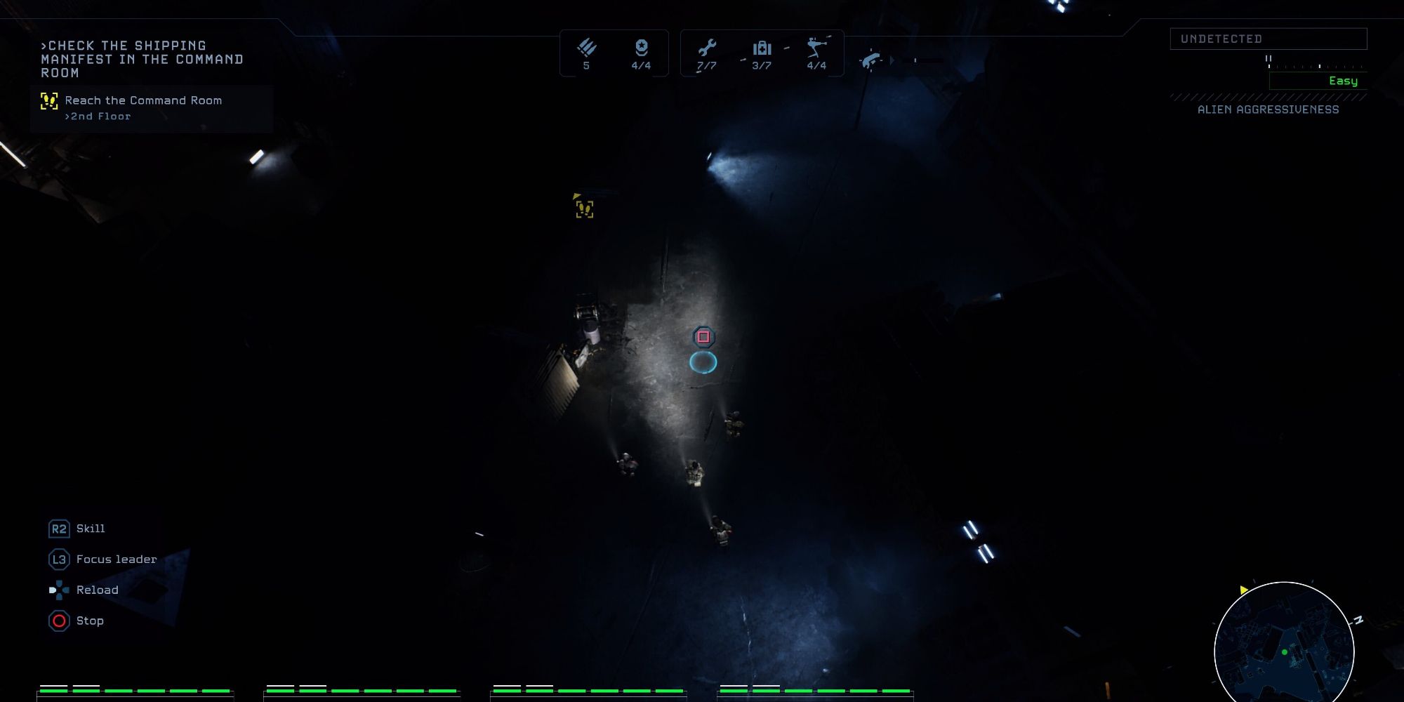 Gameplay screenshot of Aliens: Dark Descent, showing the marines standing in formation