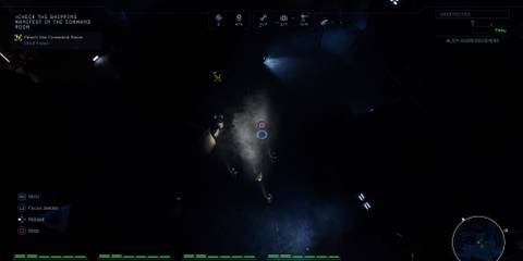 Gameplay screenshot of Aliens: Dark Descent, showing the marines standing in formation