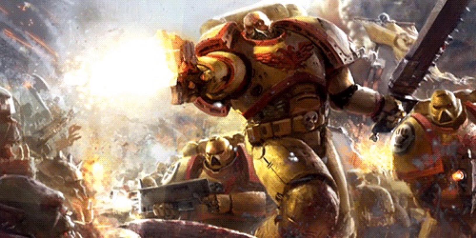 An Imperial Fists Marine fires a bolt pistol while wielding a chainsword as his fellow battle-brothers fight behind him