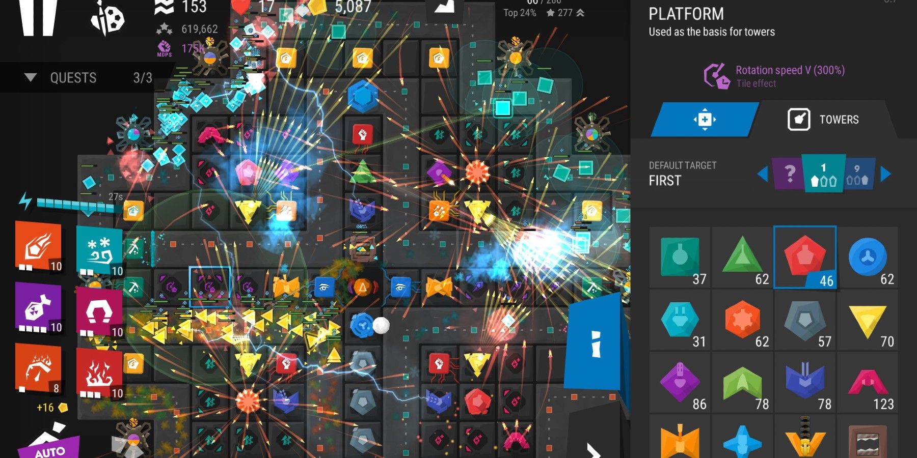 Infinitode 2 chaotic gameplay of shapes firing with selection screen
