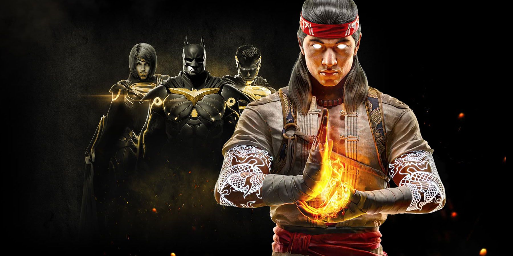 A image of Mortal Kombat 1's Liu Kang standing in front of Superman, Batman, and Supergirl from Injustice 2.