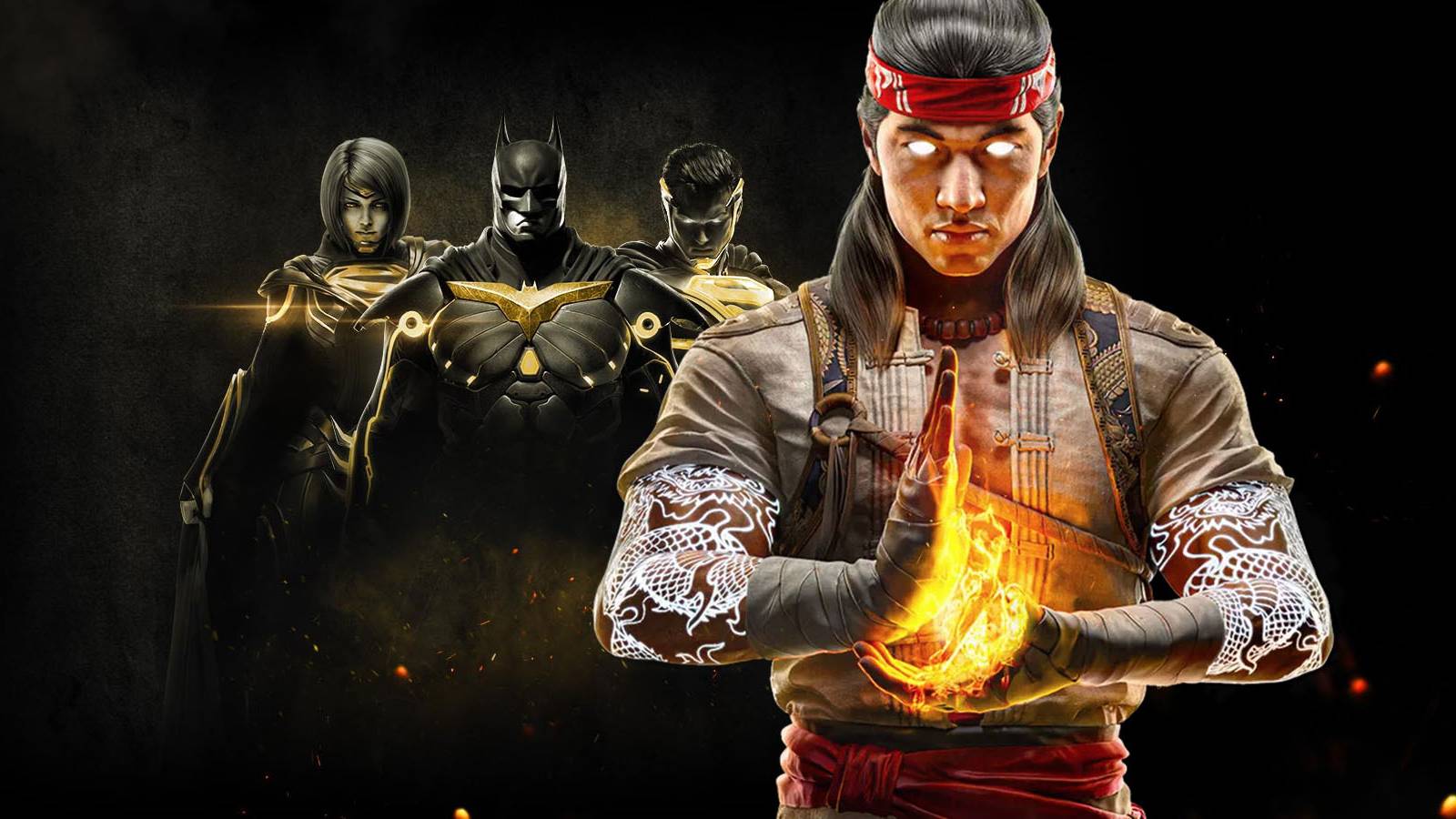 A image of Mortal Kombat 1's Liu Kang standing in front of Superman, Batman, and Supergirl from Injustice 2.