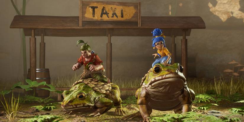 Cody and May riding toads in the middle of a swamp with a "Taxi" sign in the background in It Takes Two