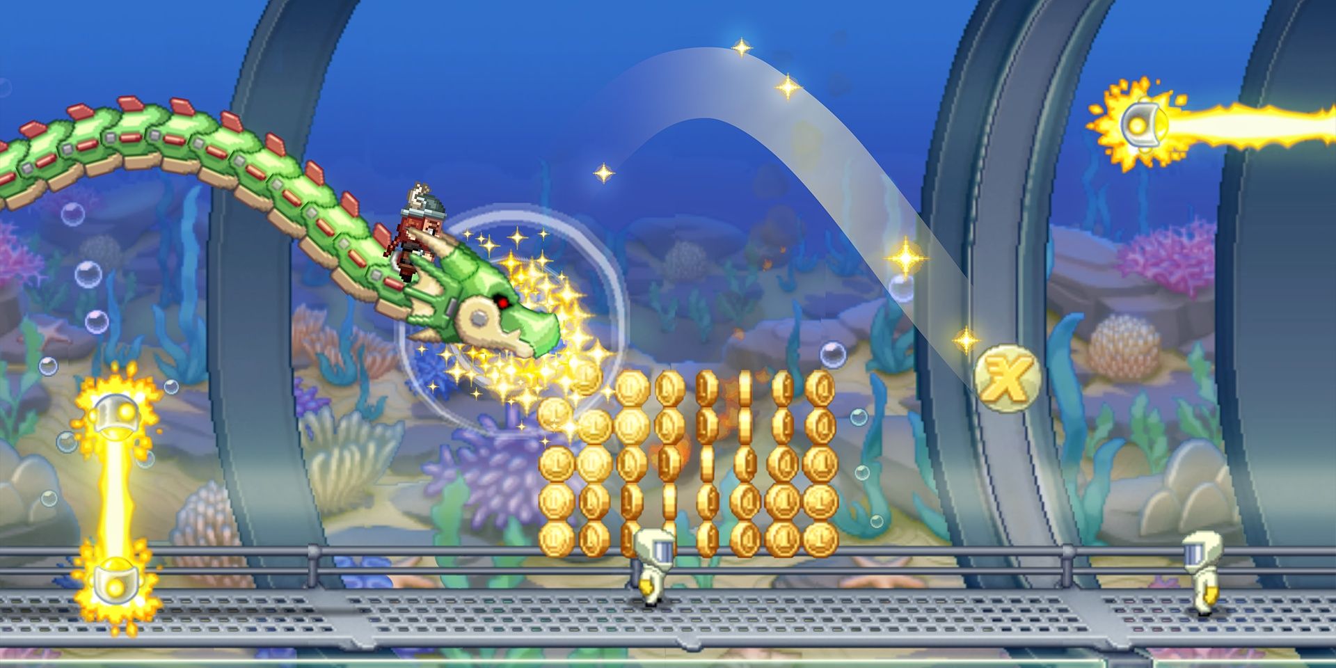 Jetpack Joyride player riding on snake in underwater locale