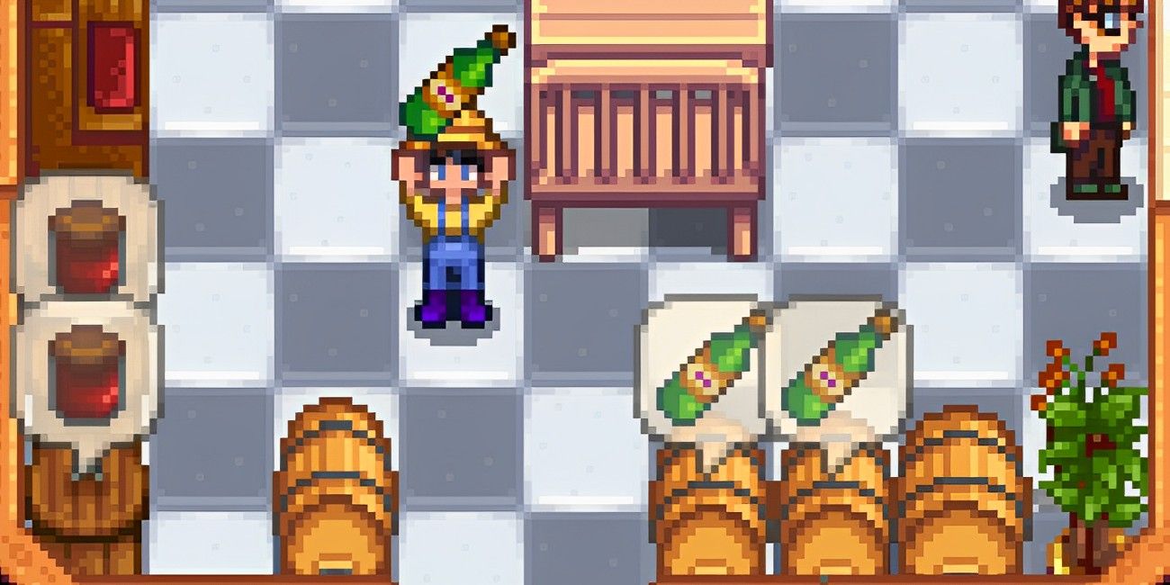 A farmer in their kitchen holding juice as kegs nearby produce more juice in Stardew Valley