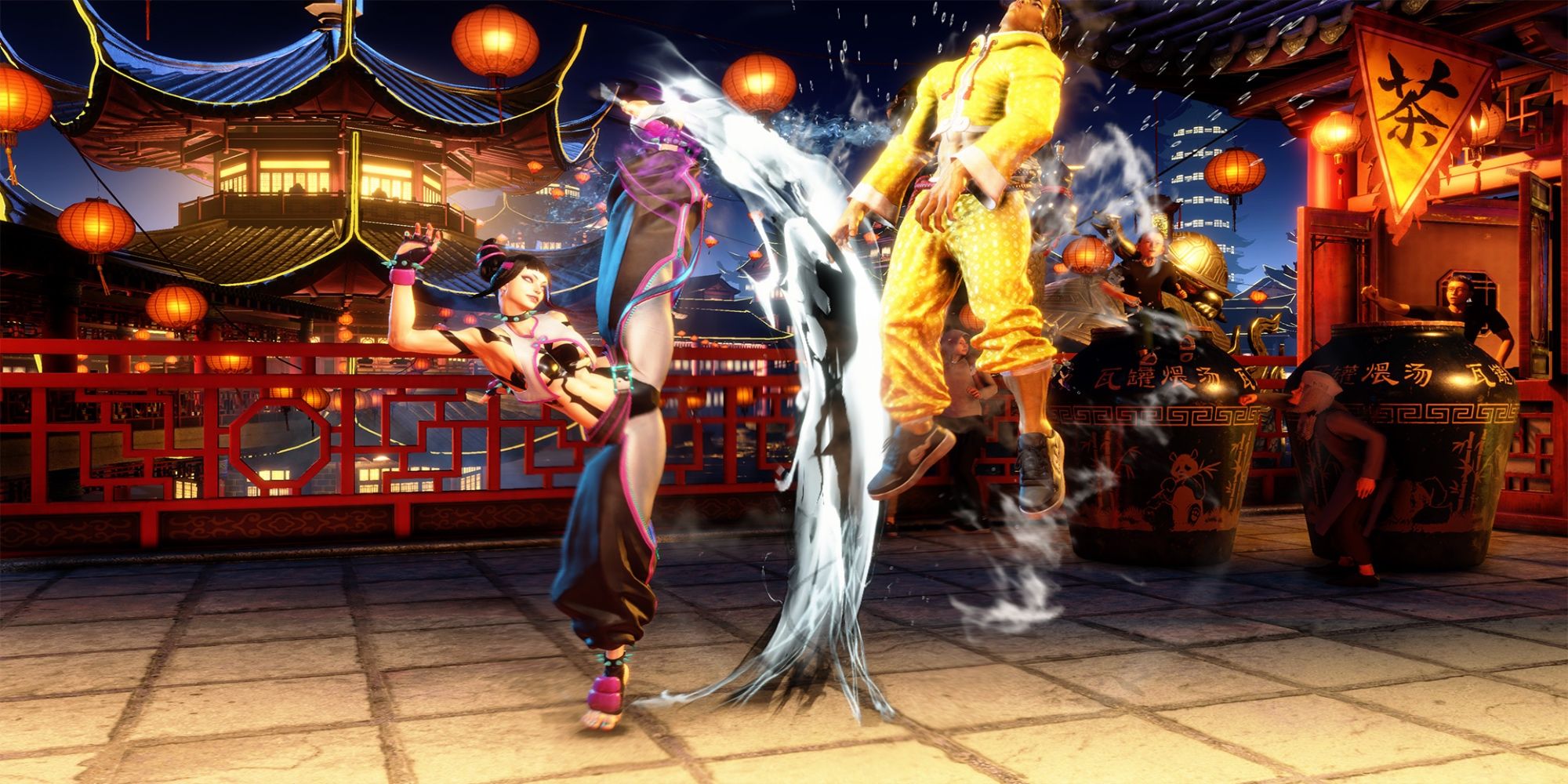 Juri lifts her opponent into the air with her kicks