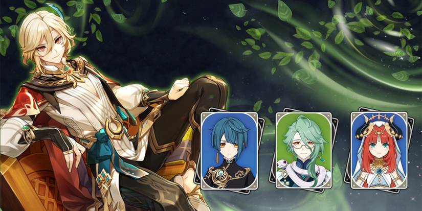 kaveh-xinqgiu-baizhu-and nilou bloom team in genshin impact