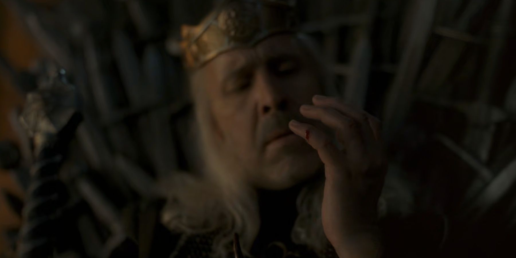 Viserys is cut from the?Iron Throne in House of the Dragon.