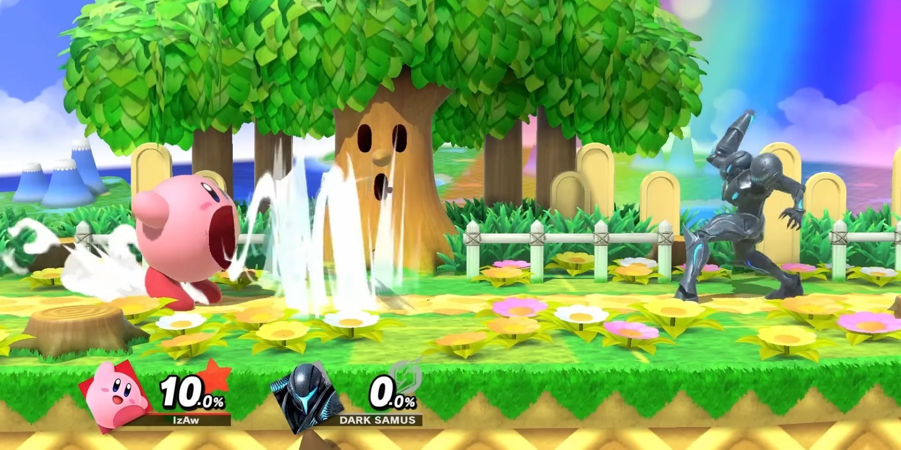 Kirby about to inhale Dark Samus