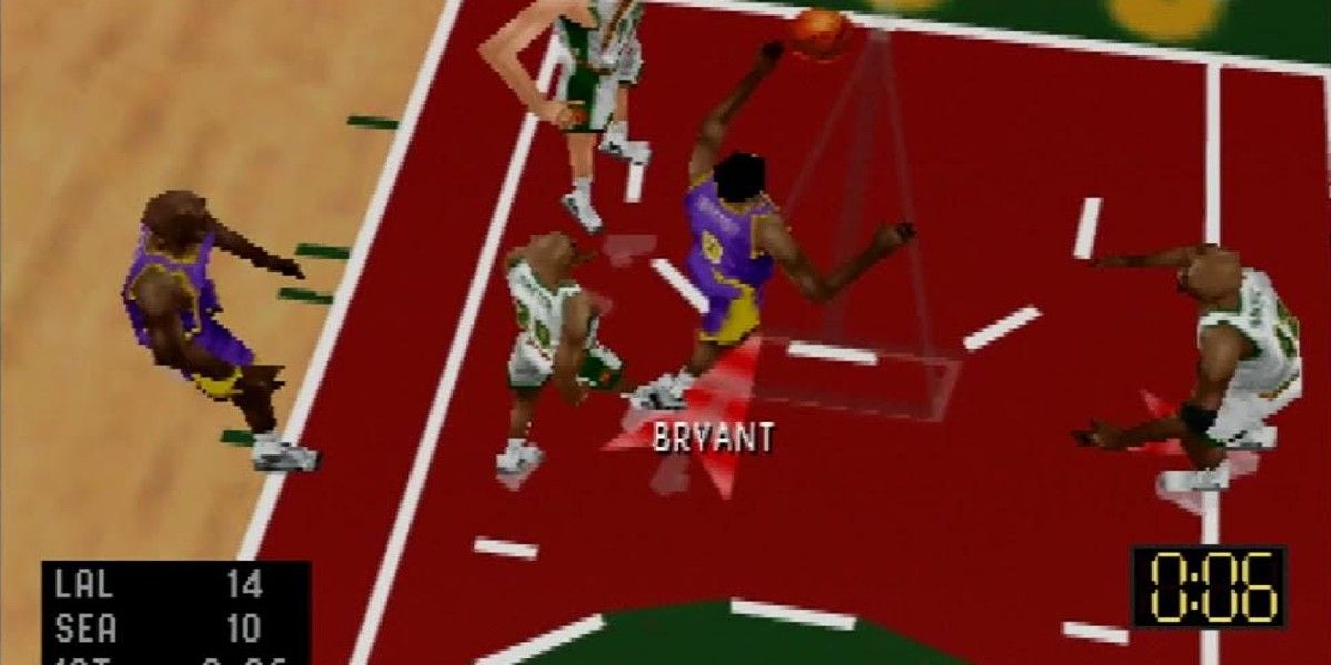 Kobe Bryant NBA Courtside overhead view of Bryant laying up ball