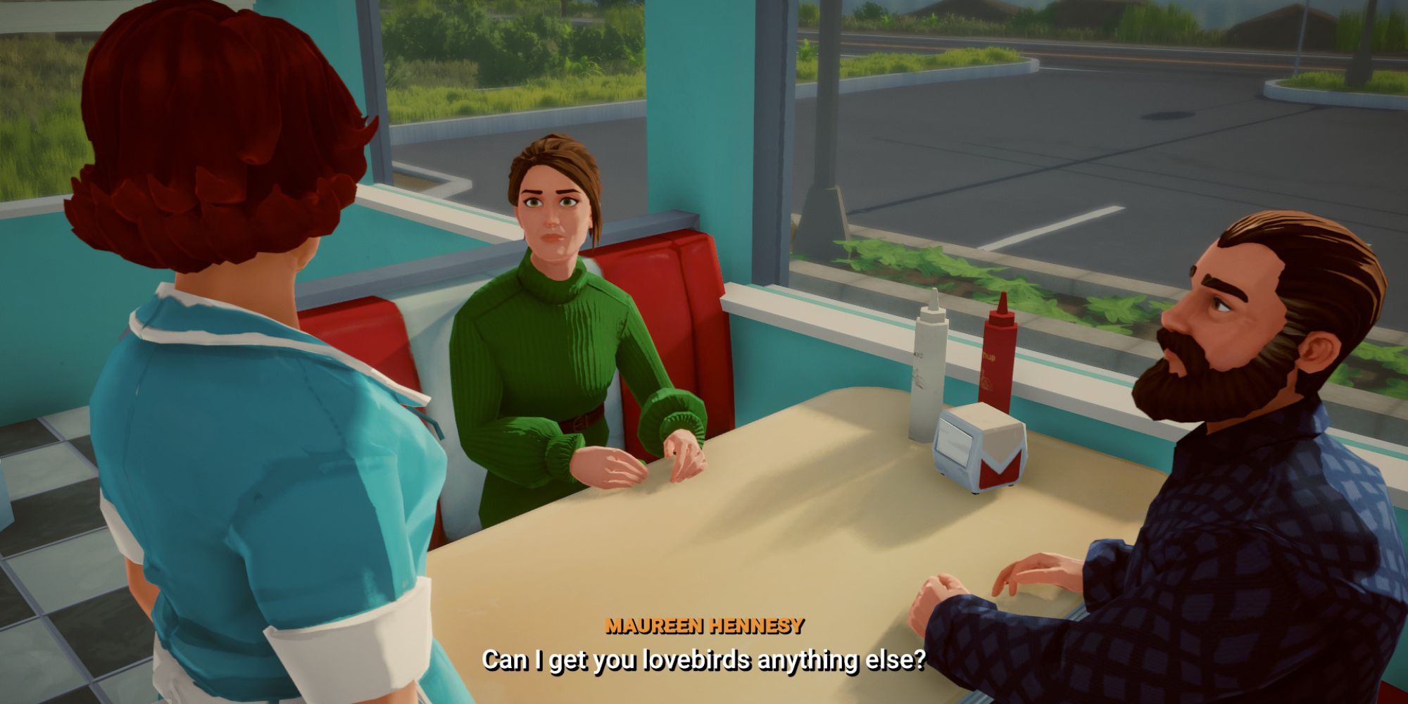 Meredith and a man at a diner in the game Lake