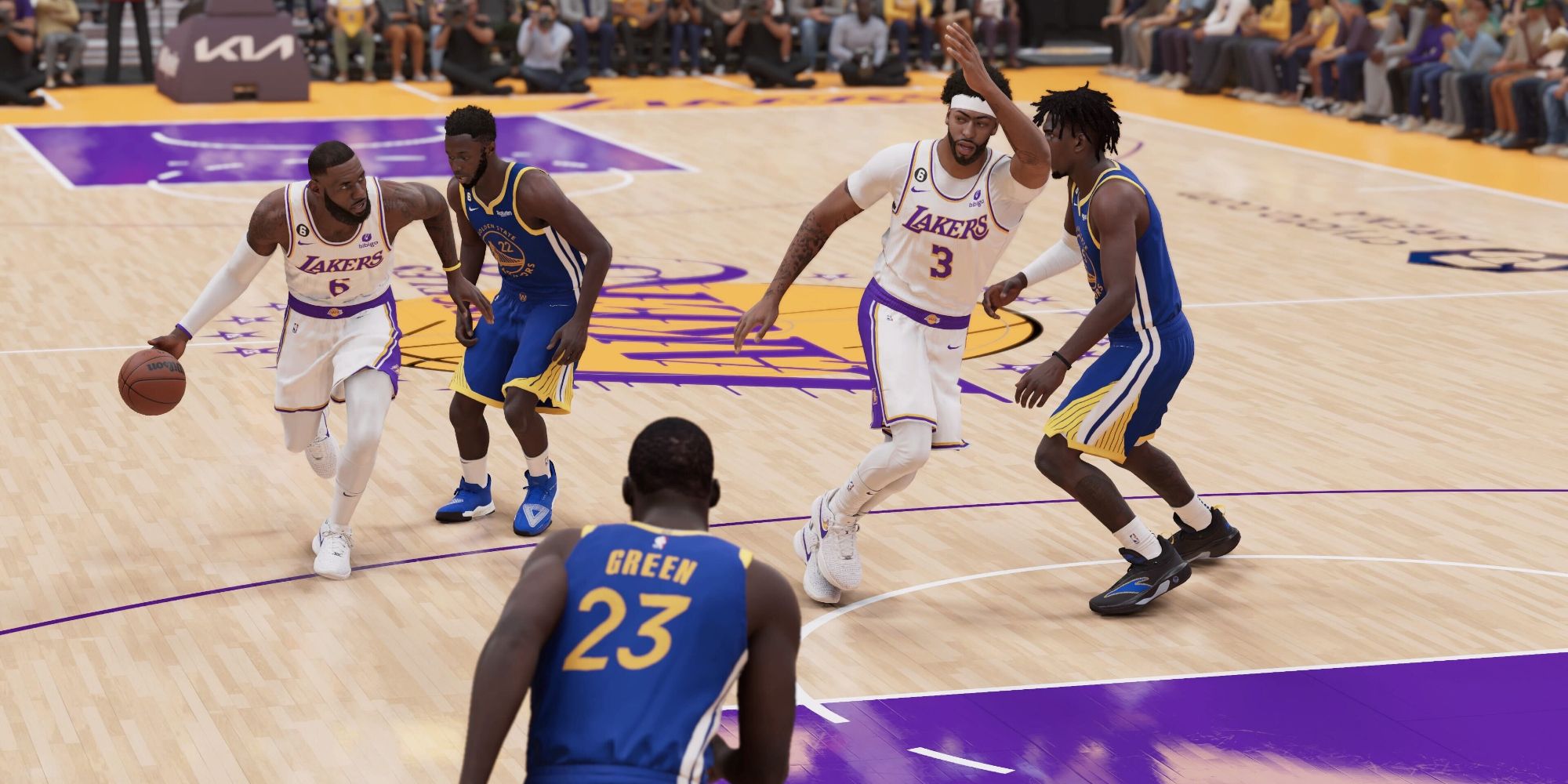 LeBron James and Anthony Davis of the Los Angeles Lakers linking up in a play in NBA 2K23