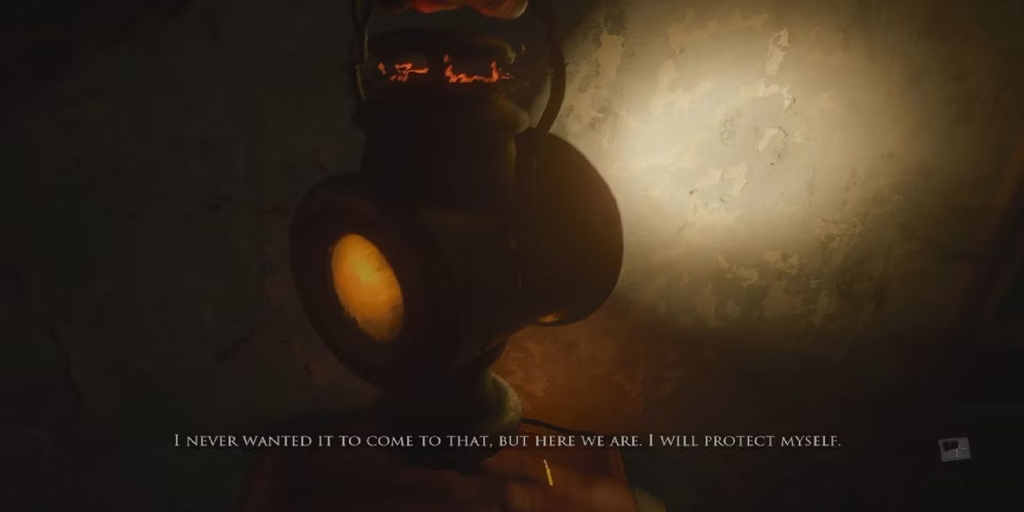 The player character picking up a lit lantern, with subtitles reading: I never wanted it to come to that, but here we are. I will protect myself".