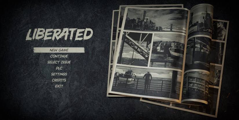 Liberated Title Screen, with black and white comics on the right.