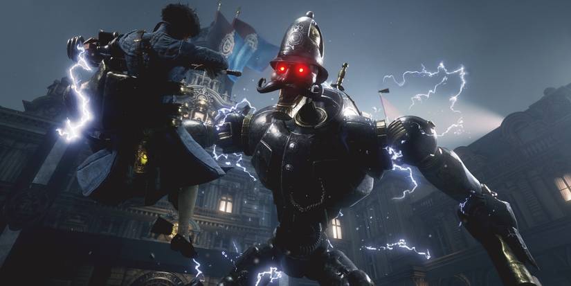 Lies of P promo screenshot giant animatronic gripping main character