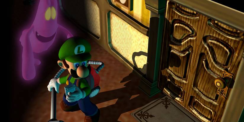 Luigi creeping up to a door followed by a ghost