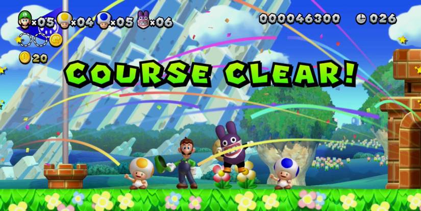 Yellow Toad, Luigi, Nabbit, and Blue Toad at the end of a level