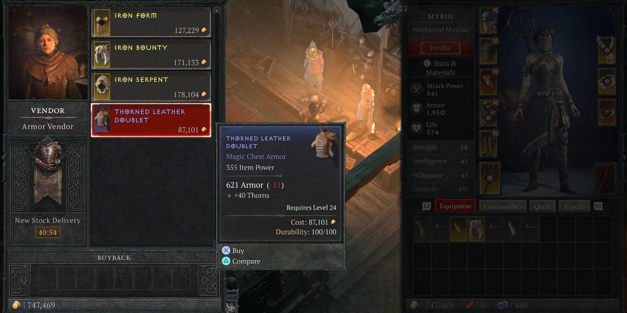 A player looking at Magic Armor at a merchant in Diablo 4