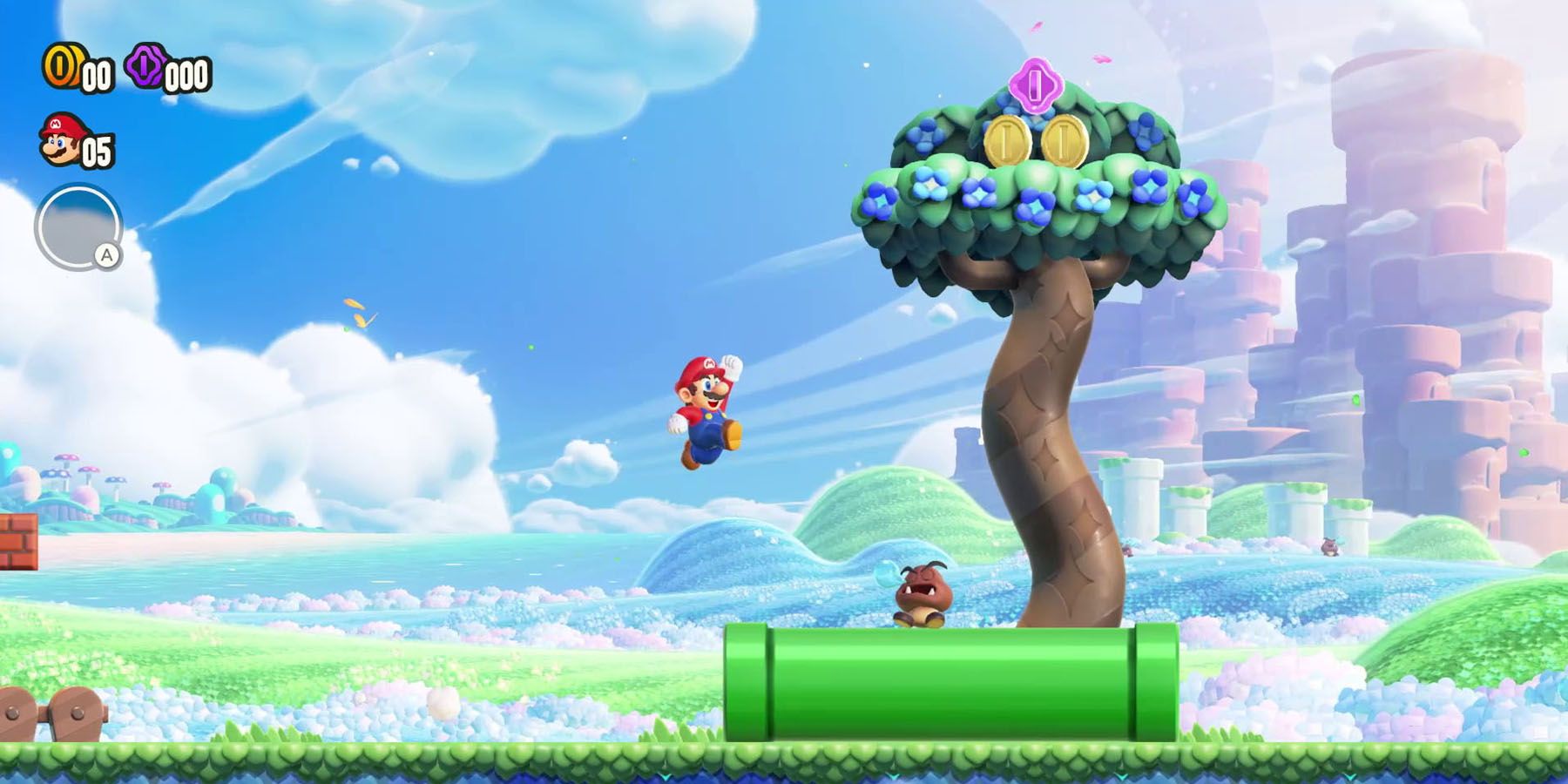 A screenshot of Mario about to jump on a Goomba in Super Mario Bros. Wonder.