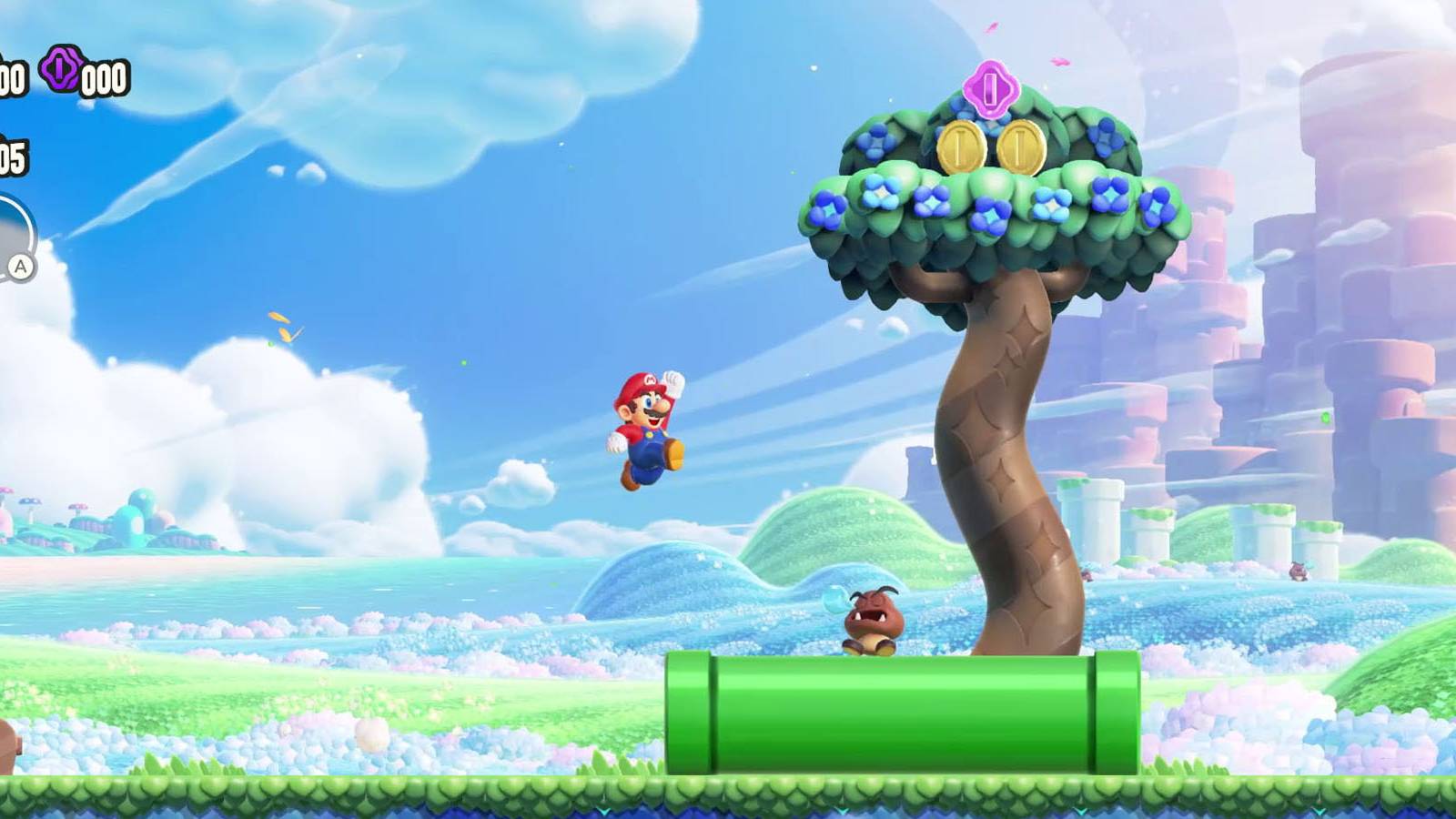 A screenshot of Mario about to jump on a Goomba in Super Mario Bros. Wonder.