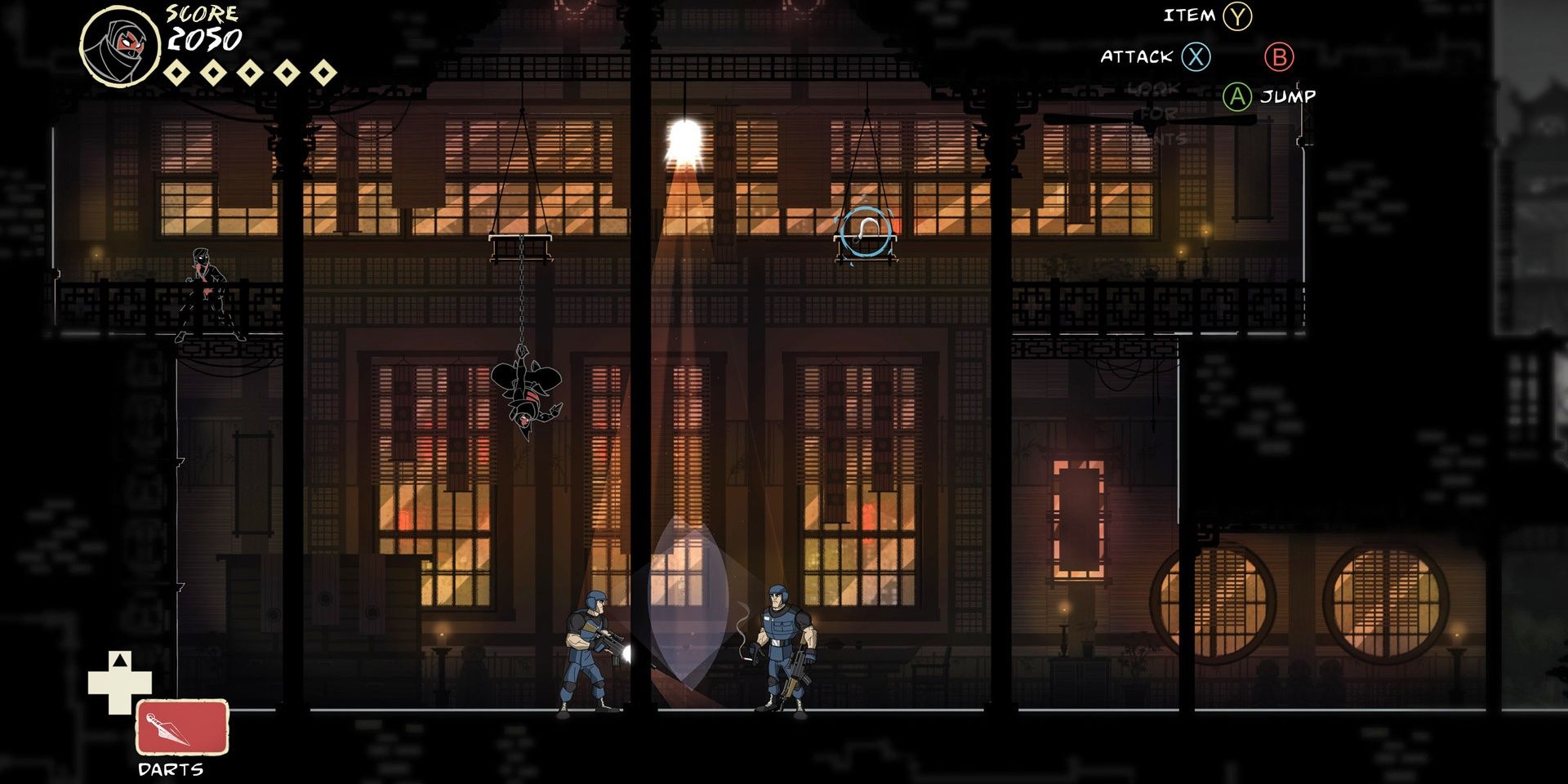 A ninja hanging above two guards that are shining light on each other in Mark of the Ninja