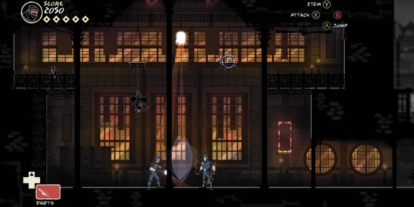 A ninja hanging above two guards that are shining light on each other in Mark of the Ninja