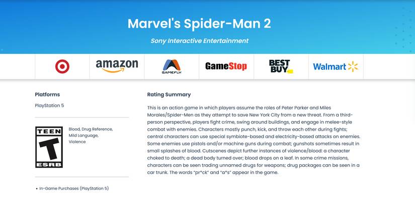 A screenshot of the ESRB rating for Marvel's Spider-Man 2.