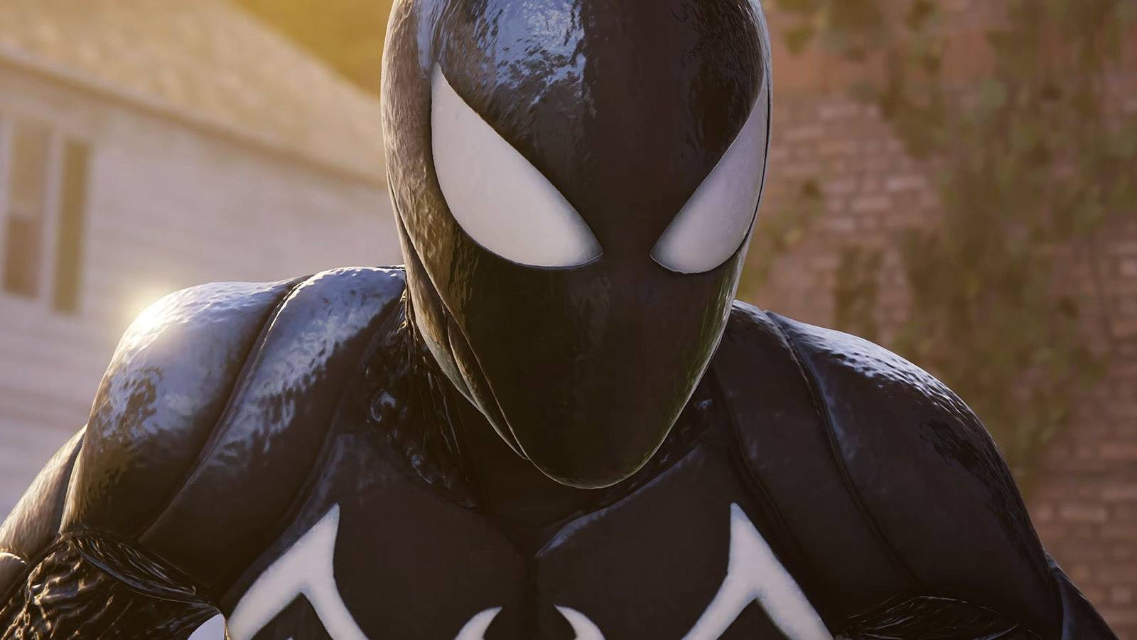 A close-up screenshot of Peter Parker's Symbiote costume in Marvel's Spider-Man 2.
