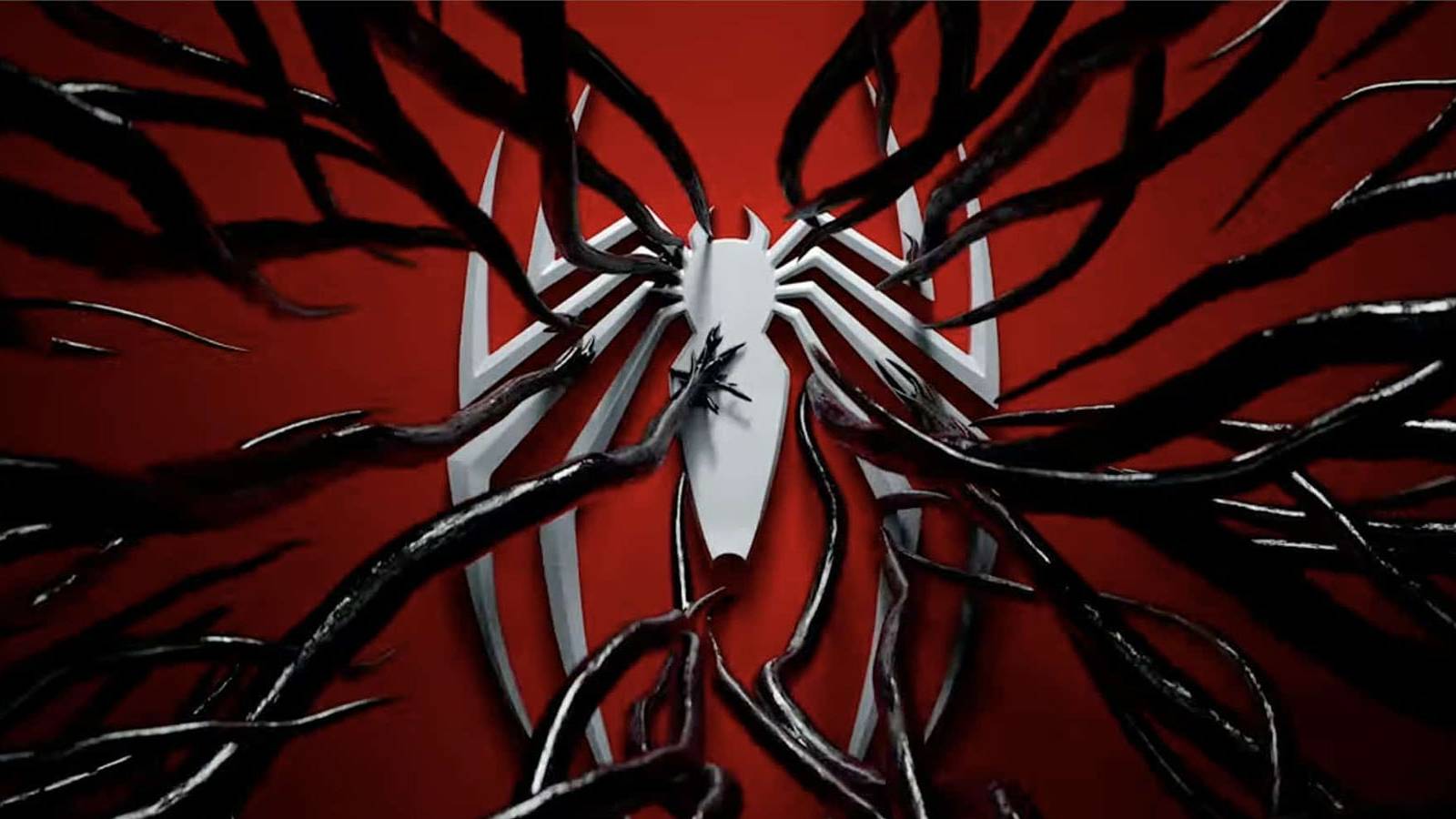 A promotional shot of the Marvel's Spider-Man 2 spider emblem being taken over by the Symbiote against a red background.