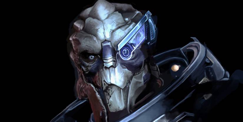 Close-up shot of Garrus, an alien from Mass Effect. The background is completely black to put all the viewers focus onto him. 