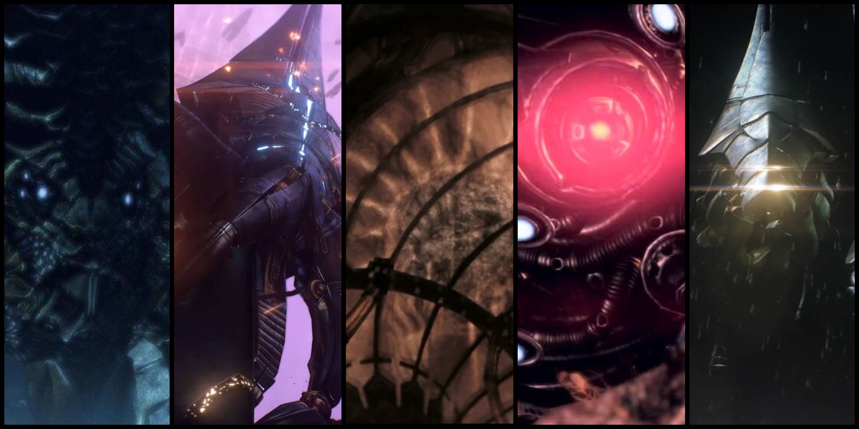 Leviathan, Sovereign, Reaper tech, the Rannoch Reaper, Reapers in dark space in Mass Effect