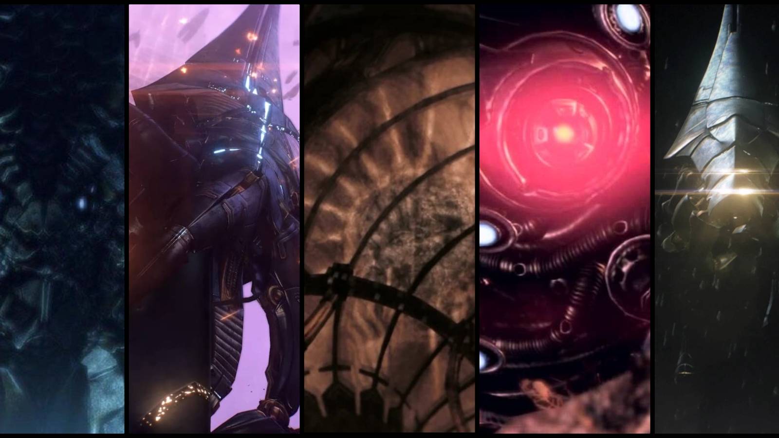 Leviathan, Sovereign, Reaper tech, the Rannoch Reaper, Reapers in dark space in Mass Effect