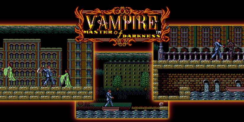 Title screen of Master of Darkness, in the side-scrolling pixellated graphics. 