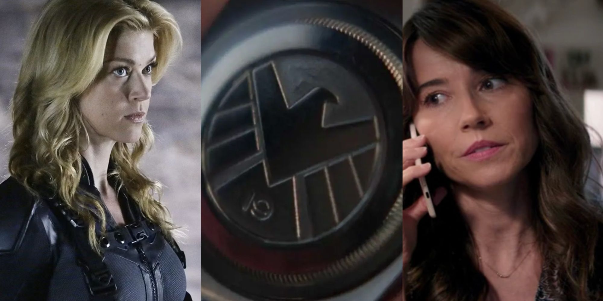 A split image features Adrianne Palicki, the back of Agent 19's SHIELD watch, and Linda Cardellini as Laura Barton