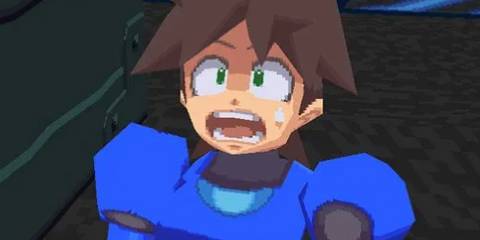 Mega Man comedically reacting to a villain in Mega Man Legends