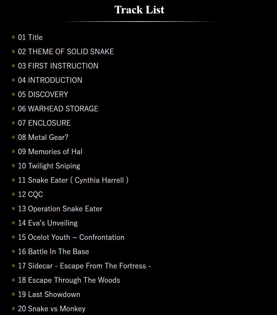 Metal Gear Solid Master Collection volume 1 soundtrack track list