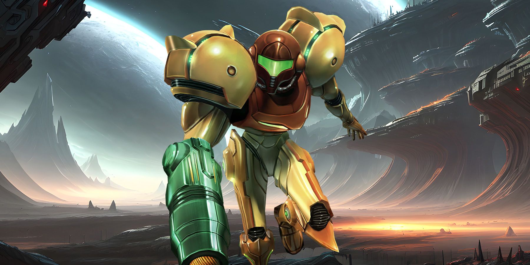 A promotional image of Samus Aran from Metroid Prime.