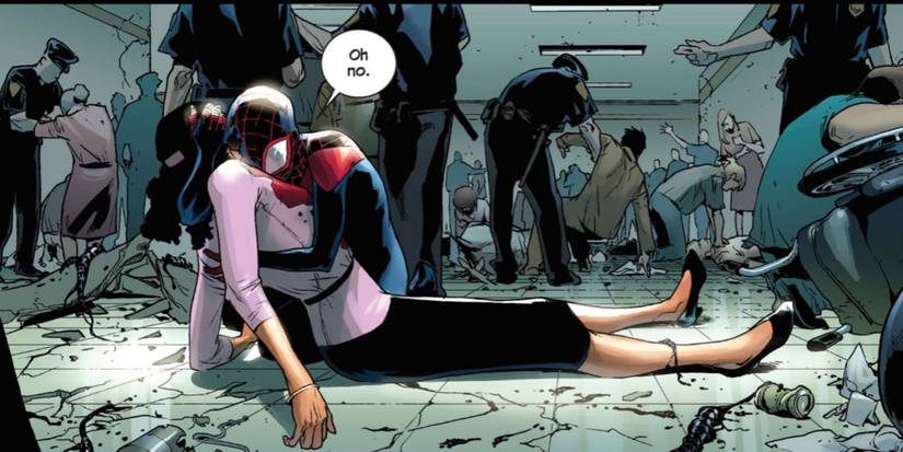 miles morales holding his mother, rio morales death scene