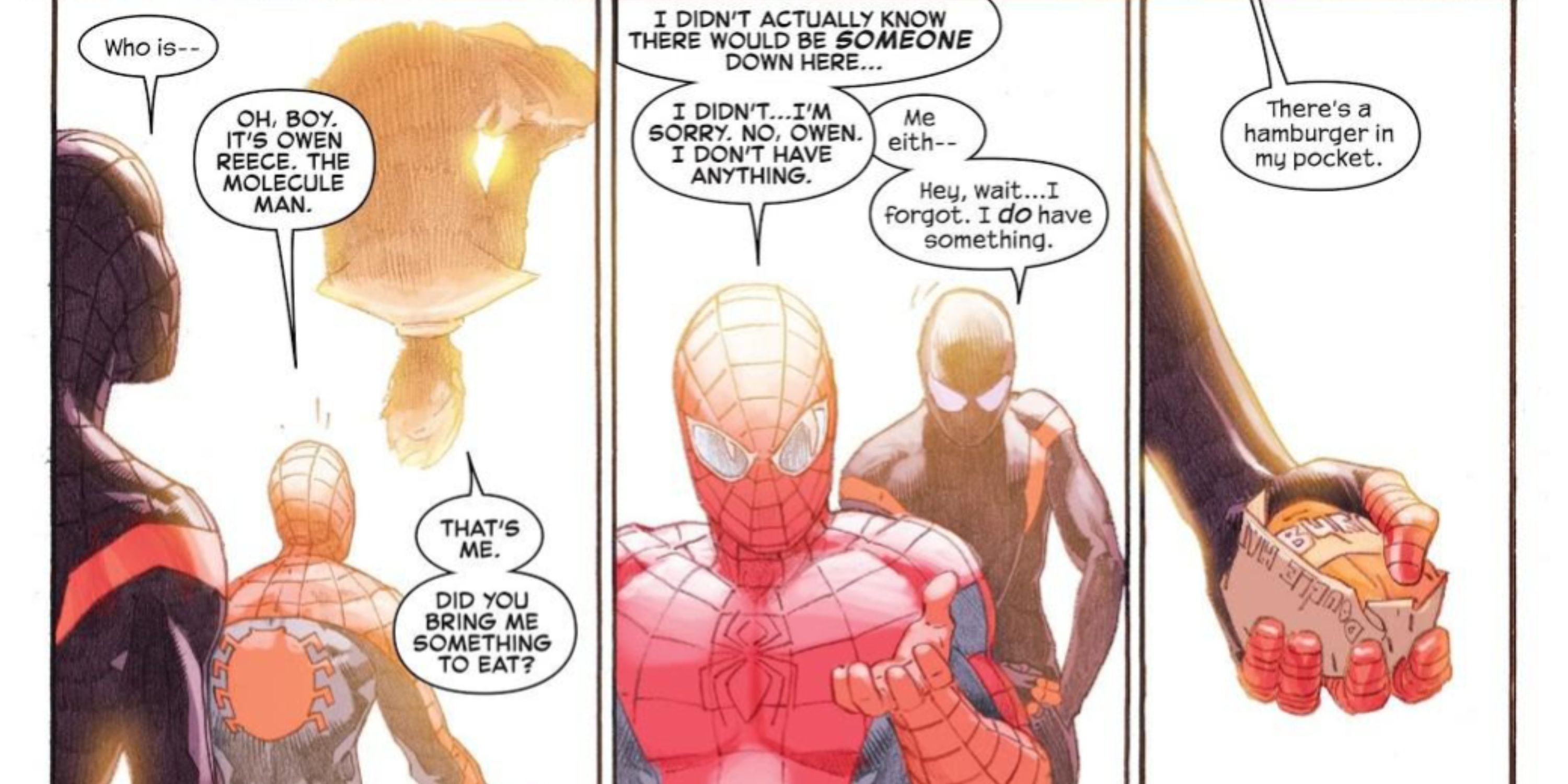 miles morales spider-man with a hamburger, peter parker spider-man and molecule man