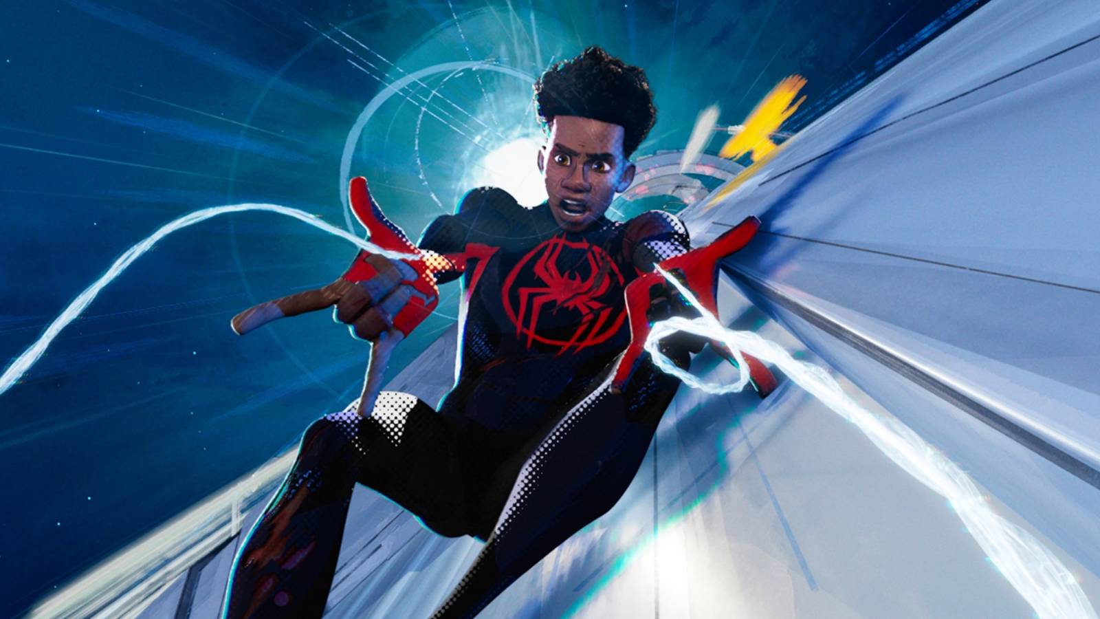 Miles shooting webs in Across the Spider-Verse