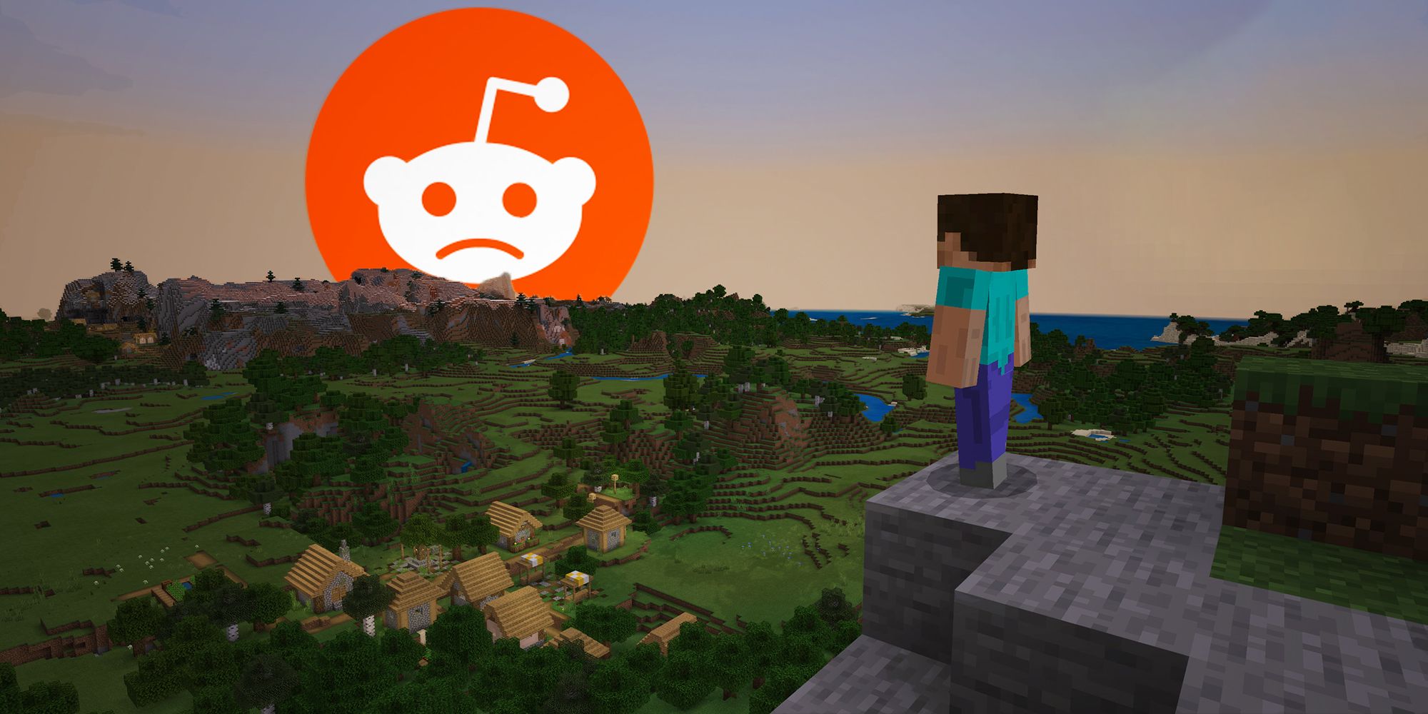 Minecraft Steve looking at sad Reddit alien logo sunset replacement