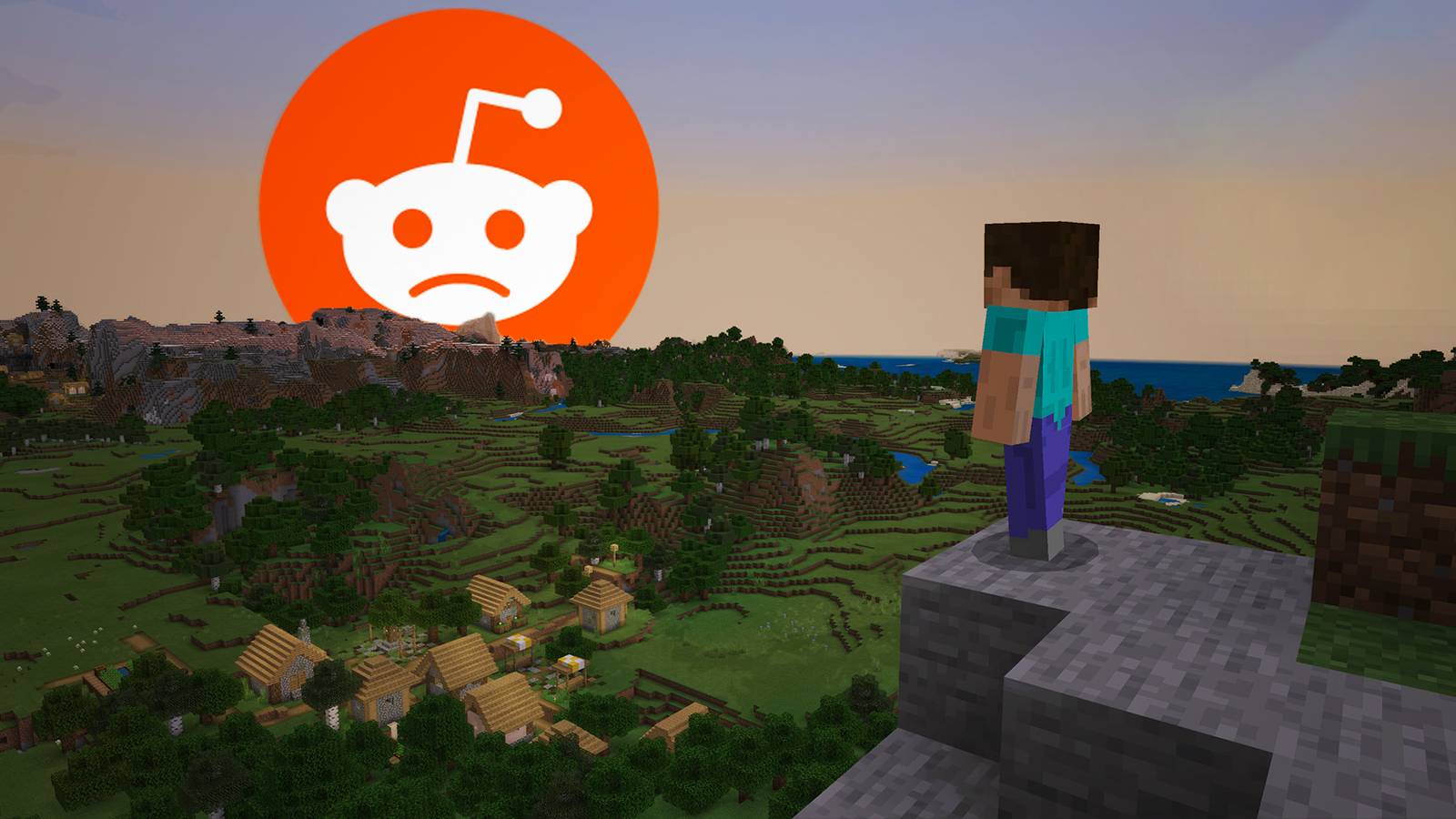 Minecraft Steve looking at sad Reddit alien logo sunset replacement