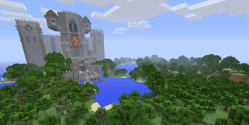 A large castle overlooking a forest biome in the PlayStation 3 edition of Minecraft