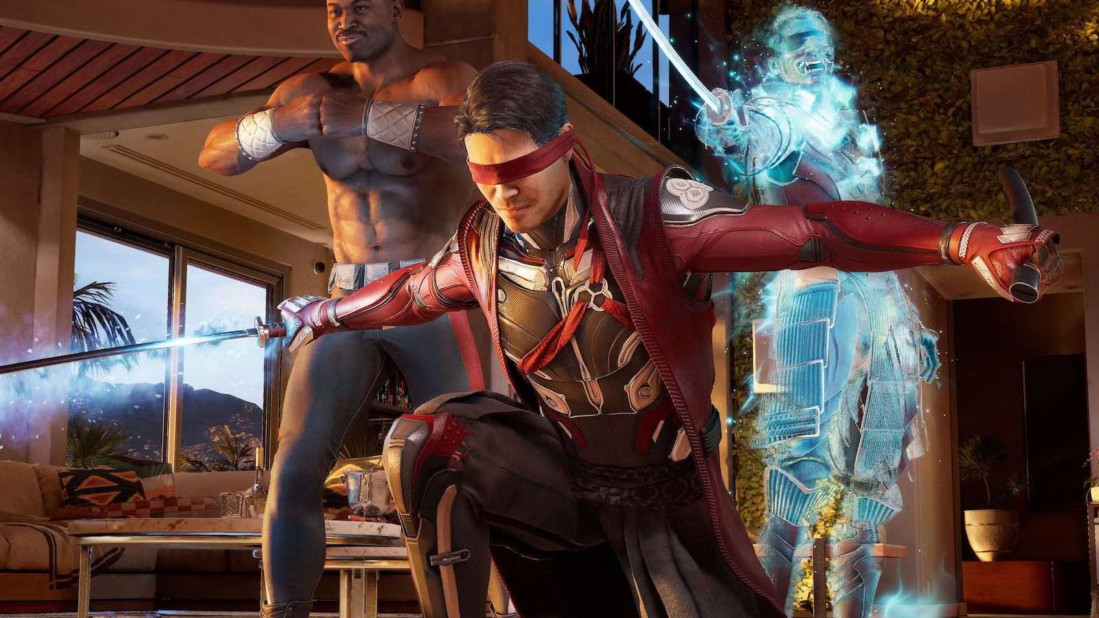 A screenshot of Kenshi preparing for battle alongside Jax in Mortal Kombat 1.