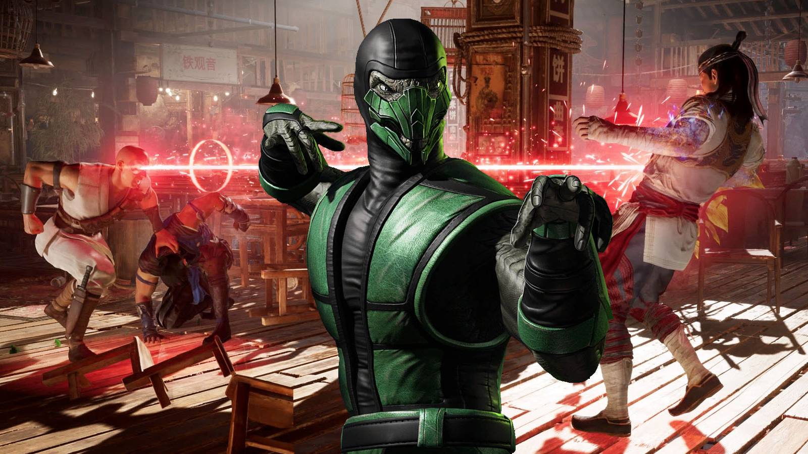 A screenshot of Kano blasting Liu Kang with his laser vision in Mortal Kombat 1, with Reptile standing in front of them.