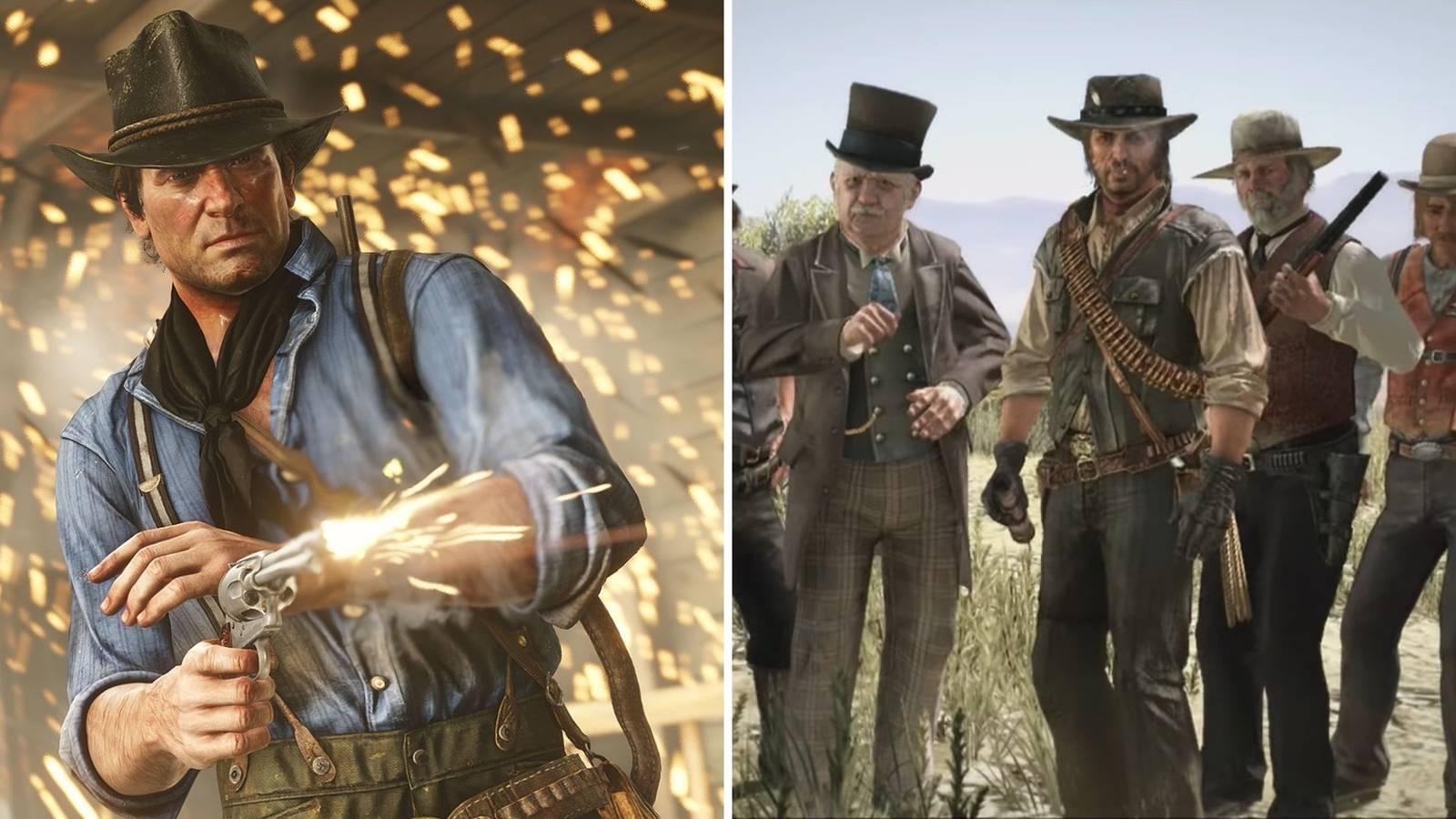 arthur morgan shooting a revolver and john marston with nigel dickens and the marshal