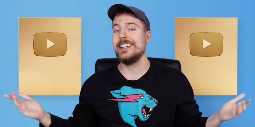 Youtuber MrBeast in front of two symbols for play