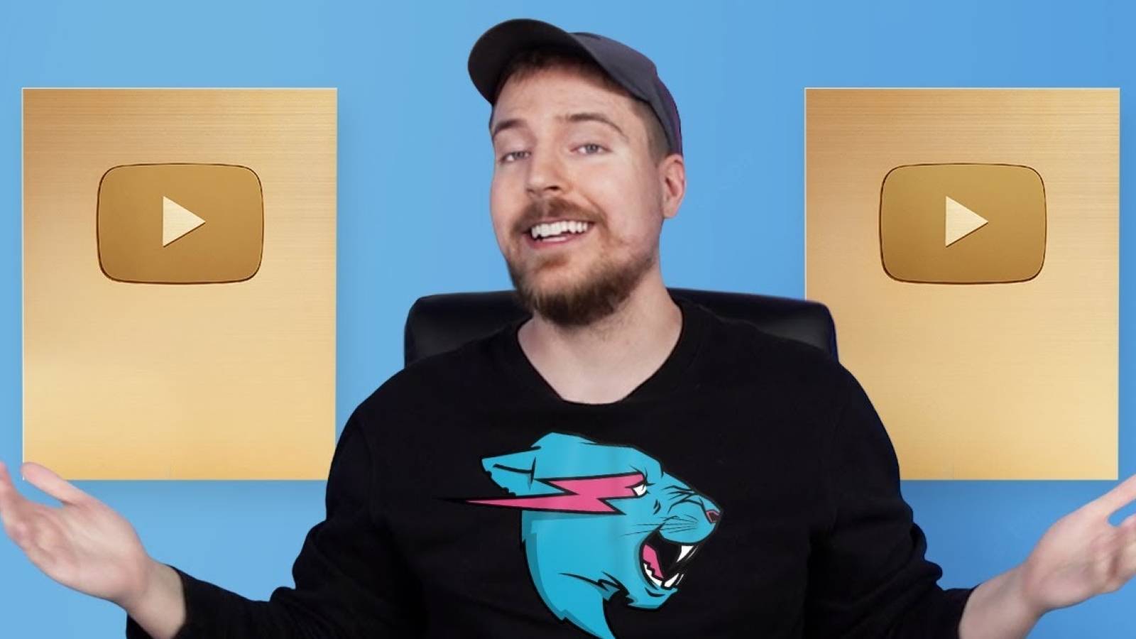 Youtuber MrBeast in front of two symbols for play