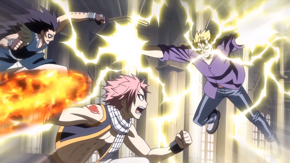 Natsu and Gajeel fighting Laxus in the Fairy Tail anime's fourth opening